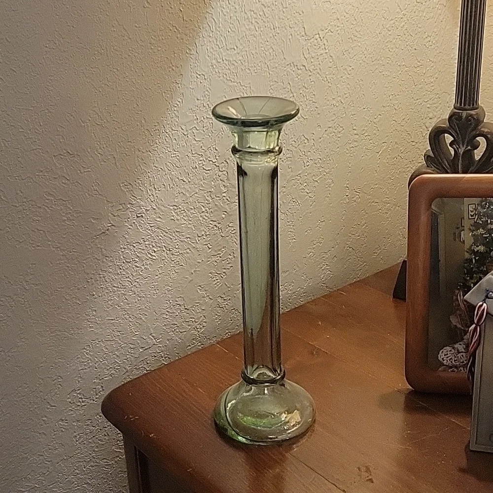 VTG Contemporary Recycled Green Glass Candlestick Holders Bud Vases Set